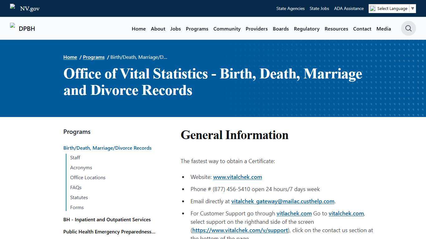 Birth/Death, Marriage/Divorce Records